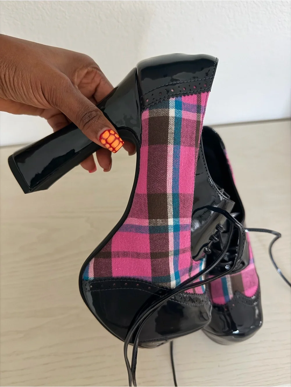 Women's Pink Plaid Platform Lace-Up Heels